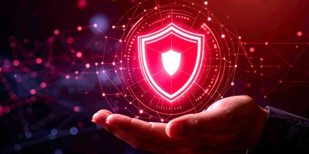 Illustration of a hand holding a floating shield, symbolizing how the Bloodhound Tracking app protects your assets