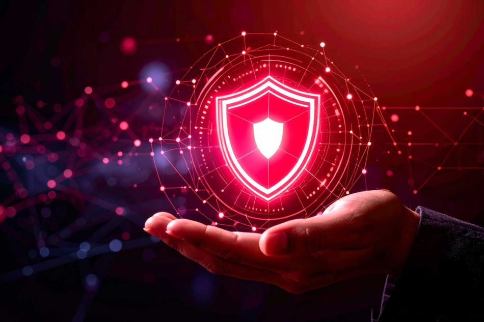 Illustration of a hand holding a floating shield, symbolizing how the Bloodhound Tracking app protects your assets