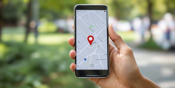 Person holding phone displaying grey map with red location pin, showing Bloodhound Tracking in action