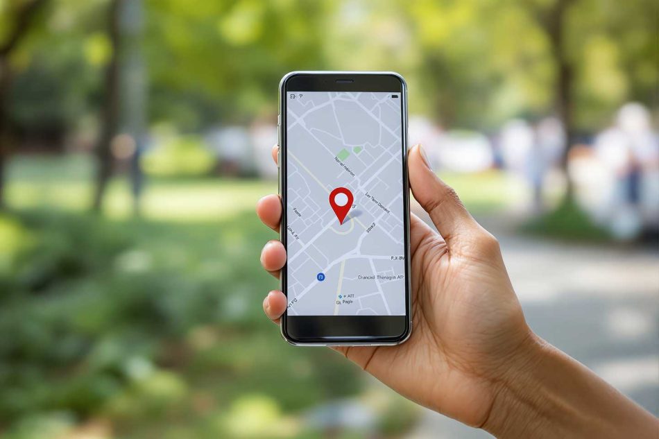 Person holding phone displaying grey map with red location pin, showing Bloodhound Tracking in action